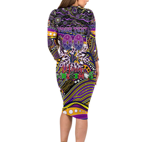 Merry Christmas Storm Long Sleeve Bodycon Dress Aboriginal Santa Rugby Mascot - Melbourne