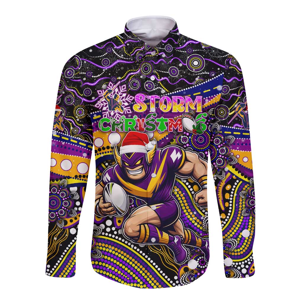 Merry Christmas Storm Long Sleeve Button Shirt Aboriginal Santa Rugby Mascot - Melbourne