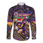 Merry Christmas Storm Long Sleeve Button Shirt Aboriginal Santa Rugby Mascot - Melbourne