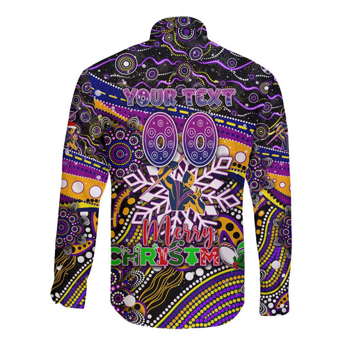Merry Christmas Storm Long Sleeve Button Shirt Aboriginal Santa Rugby Mascot - Melbourne