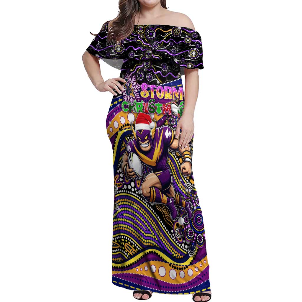 Merry Christmas Storm Off Shoulder Maxi Dress Aboriginal Santa Rugby Mascot - Melbourne