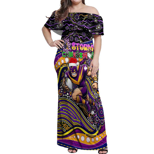 Merry Christmas Storm Off Shoulder Maxi Dress Aboriginal Santa Rugby Mascot - Melbourne