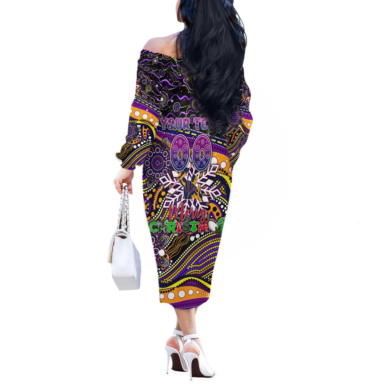 Merry Christmas Storm Off The Shoulder Long Sleeve Dress Aboriginal Santa Rugby Mascot - Melbourne