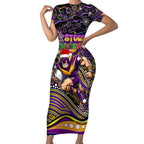 Merry Christmas Storm Short Sleeve Bodycon Dress Aboriginal Santa Rugby Mascot - Melbourne