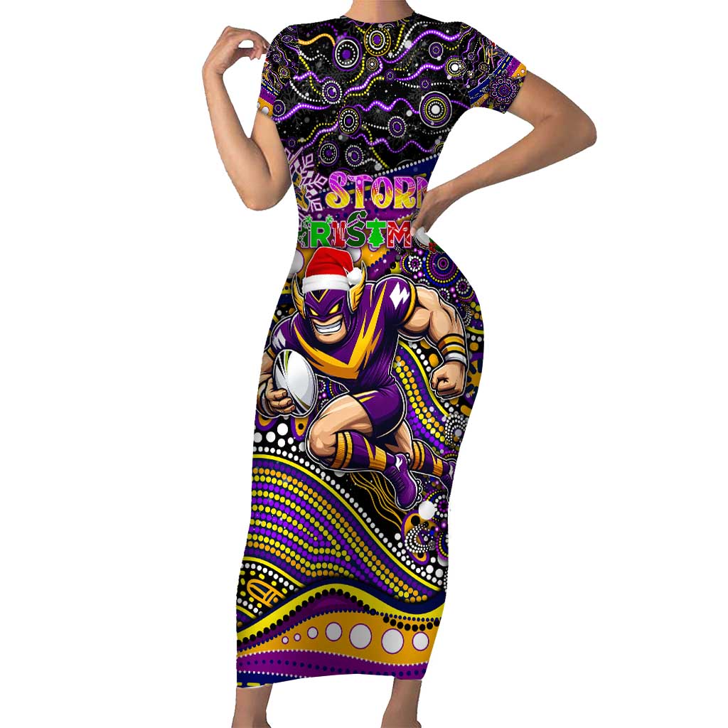 Merry Christmas Storm Short Sleeve Bodycon Dress Aboriginal Santa Rugby Mascot - Melbourne
