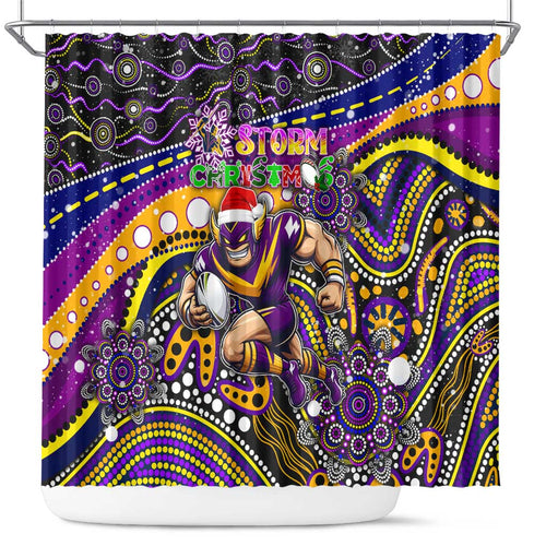 Merry Christmas Storm Shower Curtain Aboriginal Santa Rugby Mascot - Melbourne