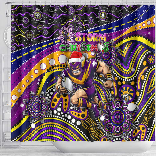 Merry Christmas Storm Shower Curtain Aboriginal Santa Rugby Mascot - Melbourne