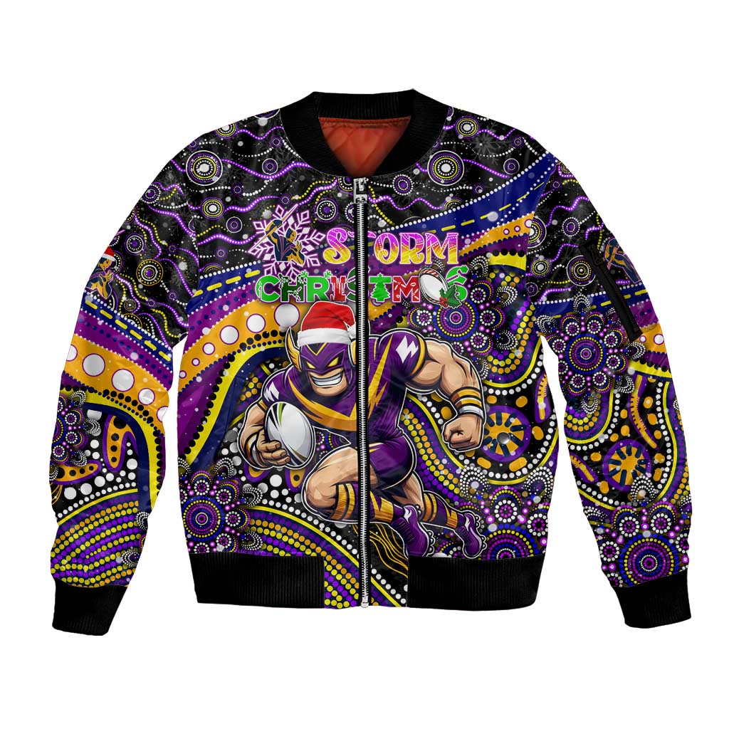 Merry Christmas Storm Sleeve Zip Bomber Jacket Aboriginal Santa Rugby Mascot - Melbourne