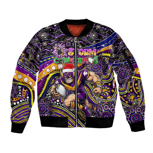 Merry Christmas Storm Sleeve Zip Bomber Jacket Aboriginal Santa Rugby Mascot - Melbourne