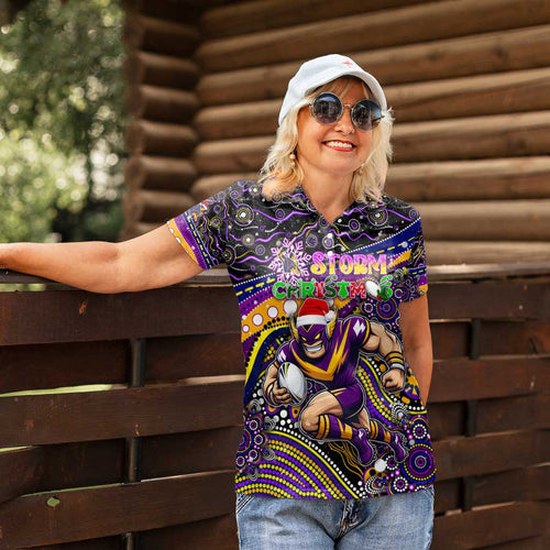 Merry Christmas Storm Women Polo Shirt Aboriginal Santa Rugby Mascot - Melbourne