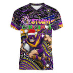 Merry Christmas Storm Women V-Neck T-Shirt Aboriginal Santa Rugby Mascot - Melbourne