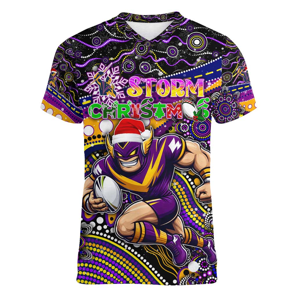 Merry Christmas Storm Women V-Neck T-Shirt Aboriginal Santa Rugby Mascot - Melbourne