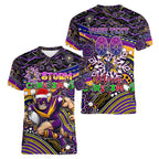 Merry Christmas Storm Women V-Neck T-Shirt Aboriginal Santa Rugby Mascot - Melbourne