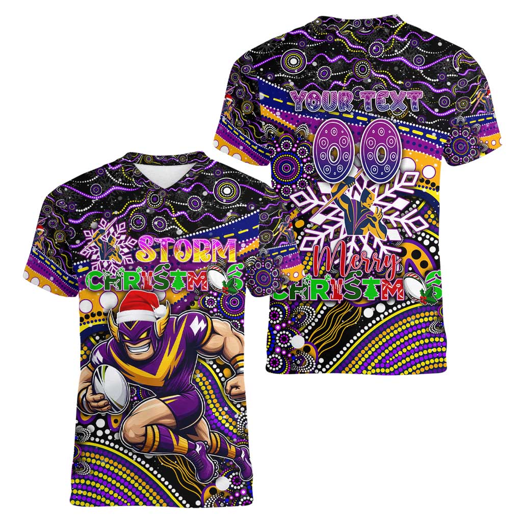 Merry Christmas Storm Women V-Neck T-Shirt Aboriginal Santa Rugby Mascot - Melbourne