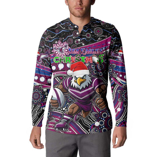 Merry Christmas Manly Warringah Sea Eagles Button Sweatshirt Aboriginal Santa Rugby Mascot - Silvertails