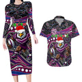 Merry Christmas Manly Warringah Sea Eagles Couples Matching Long Sleeve Bodycon Dress and Hawaiian Shirt Aboriginal Santa Rugby Mascot - Silvertails