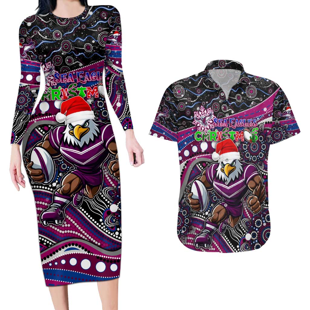 Merry Christmas Manly Warringah Sea Eagles Couples Matching Long Sleeve Bodycon Dress and Hawaiian Shirt Aboriginal Santa Rugby Mascot - Silvertails