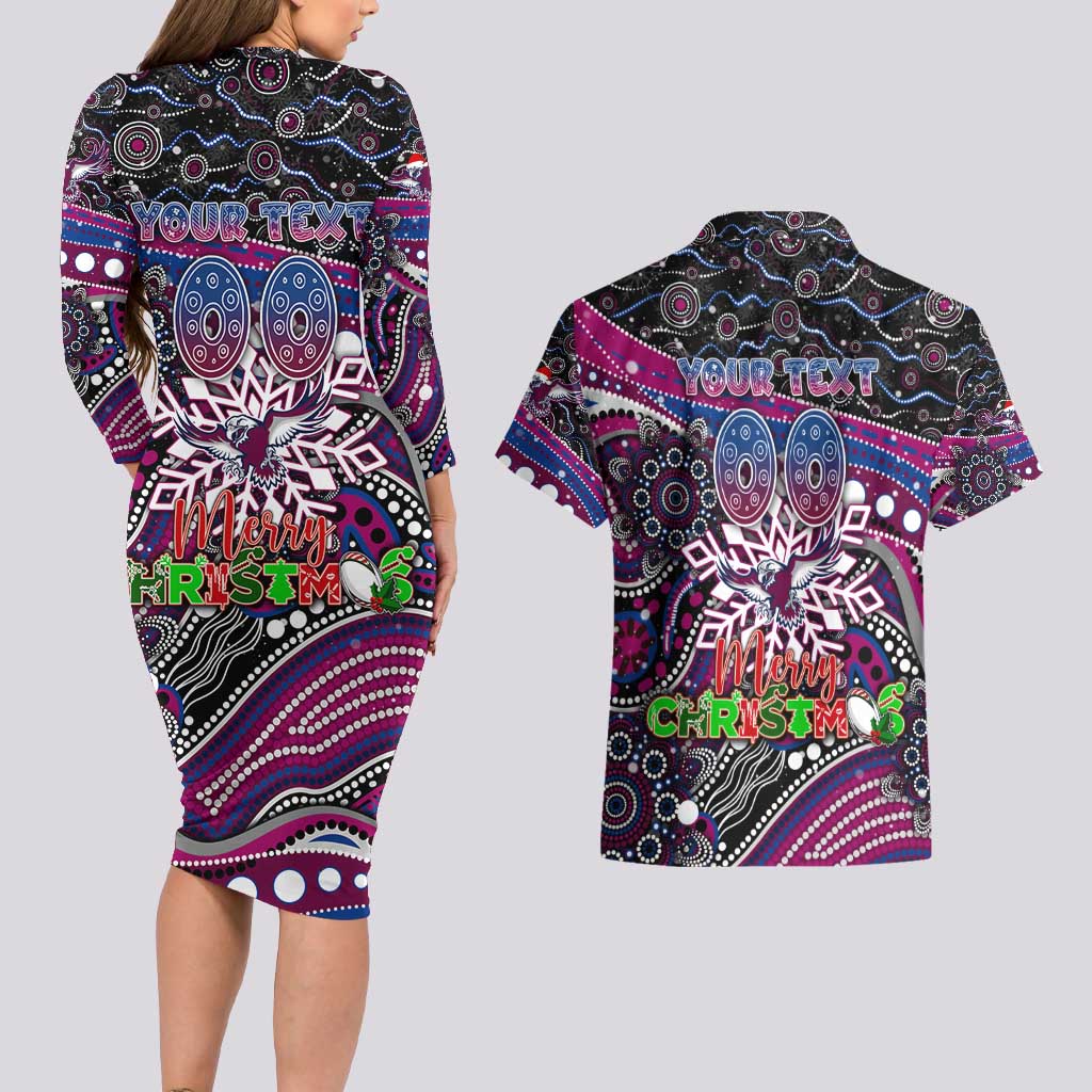 Merry Christmas Manly Warringah Sea Eagles Couples Matching Long Sleeve Bodycon Dress and Hawaiian Shirt Aboriginal Santa Rugby Mascot - Silvertails