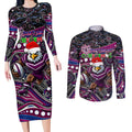 Merry Christmas Manly Warringah Sea Eagles Couples Matching Long Sleeve Bodycon Dress and Long Sleeve Button Shirt Aboriginal Santa Rugby Mascot - Silvertails