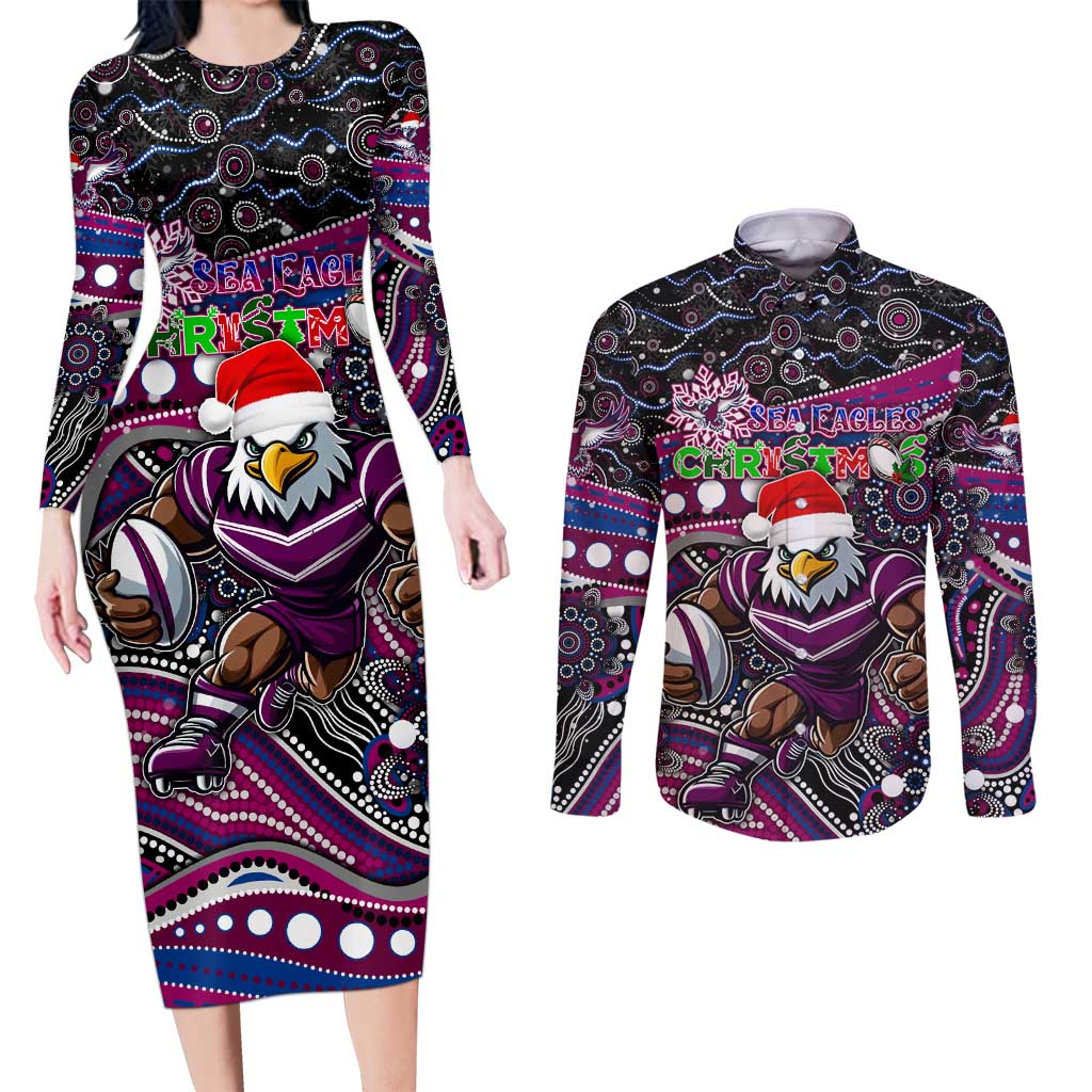 Merry Christmas Manly Warringah Sea Eagles Couples Matching Long Sleeve Bodycon Dress and Long Sleeve Button Shirt Aboriginal Santa Rugby Mascot - Silvertails