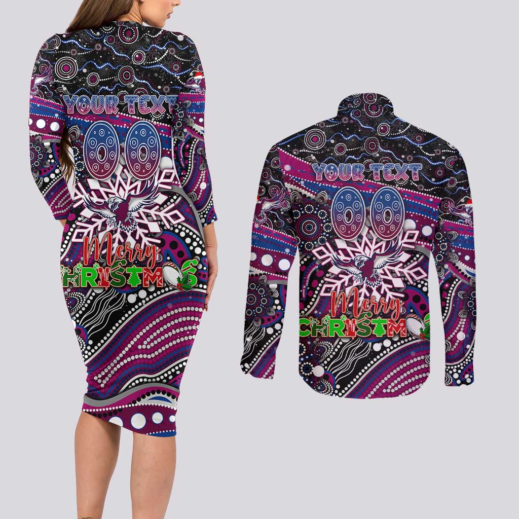 Merry Christmas Manly Warringah Sea Eagles Couples Matching Long Sleeve Bodycon Dress and Long Sleeve Button Shirt Aboriginal Santa Rugby Mascot - Silvertails