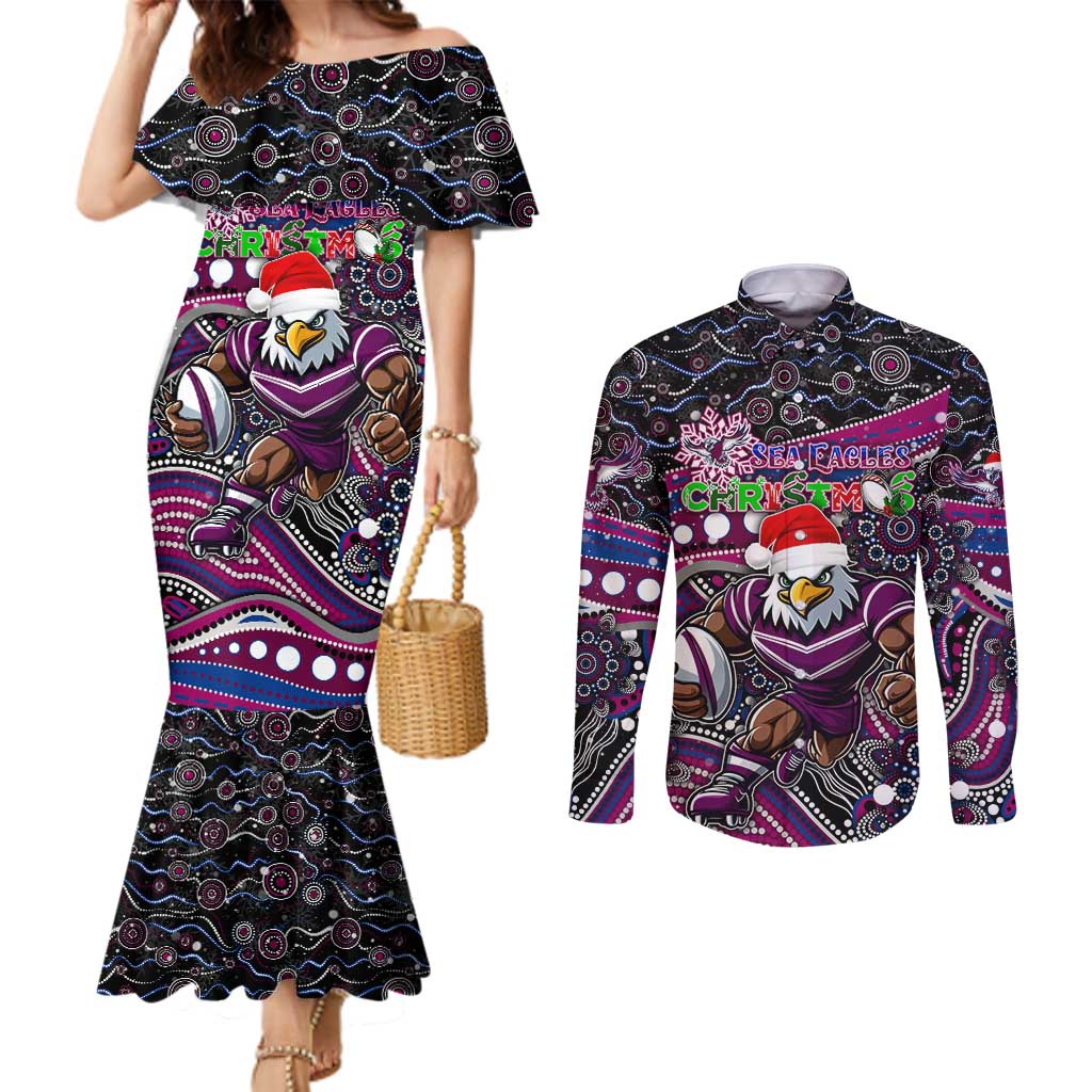 Merry Christmas Manly Warringah Sea Eagles Couples Matching Mermaid Dress and Long Sleeve Button Shirt Aboriginal Santa Rugby Mascot - Silvertails