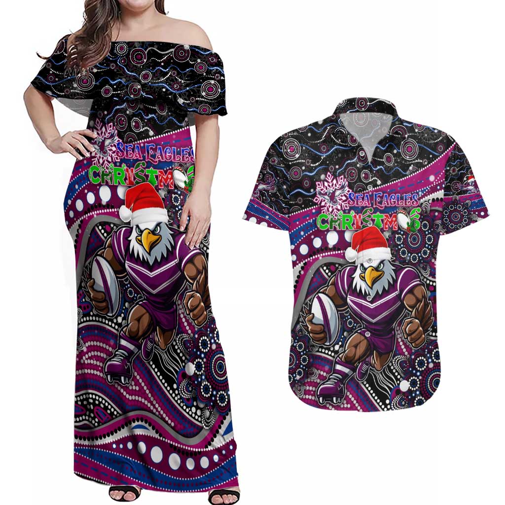 Merry Christmas Manly Warringah Sea Eagles Couples Matching Off Shoulder Maxi Dress and Hawaiian Shirt Aboriginal Santa Rugby Mascot - Silvertails