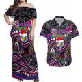 Merry Christmas Manly Warringah Sea Eagles Couples Matching Off Shoulder Maxi Dress and Hawaiian Shirt Aboriginal Santa Rugby Mascot - Silvertails
