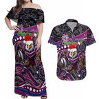 Merry Christmas Manly Warringah Sea Eagles Couples Matching Off Shoulder Maxi Dress and Hawaiian Shirt Aboriginal Santa Rugby Mascot - Silvertails