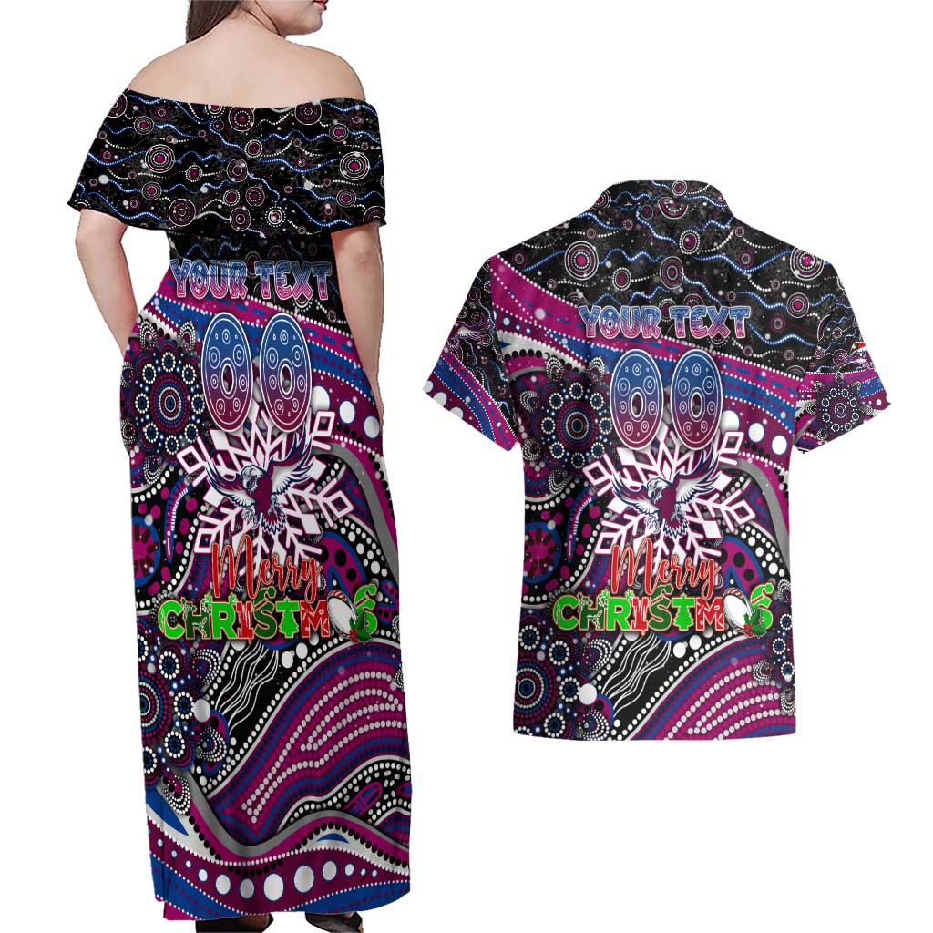 Merry Christmas Manly Warringah Sea Eagles Couples Matching Off Shoulder Maxi Dress and Hawaiian Shirt Aboriginal Santa Rugby Mascot - Silvertails