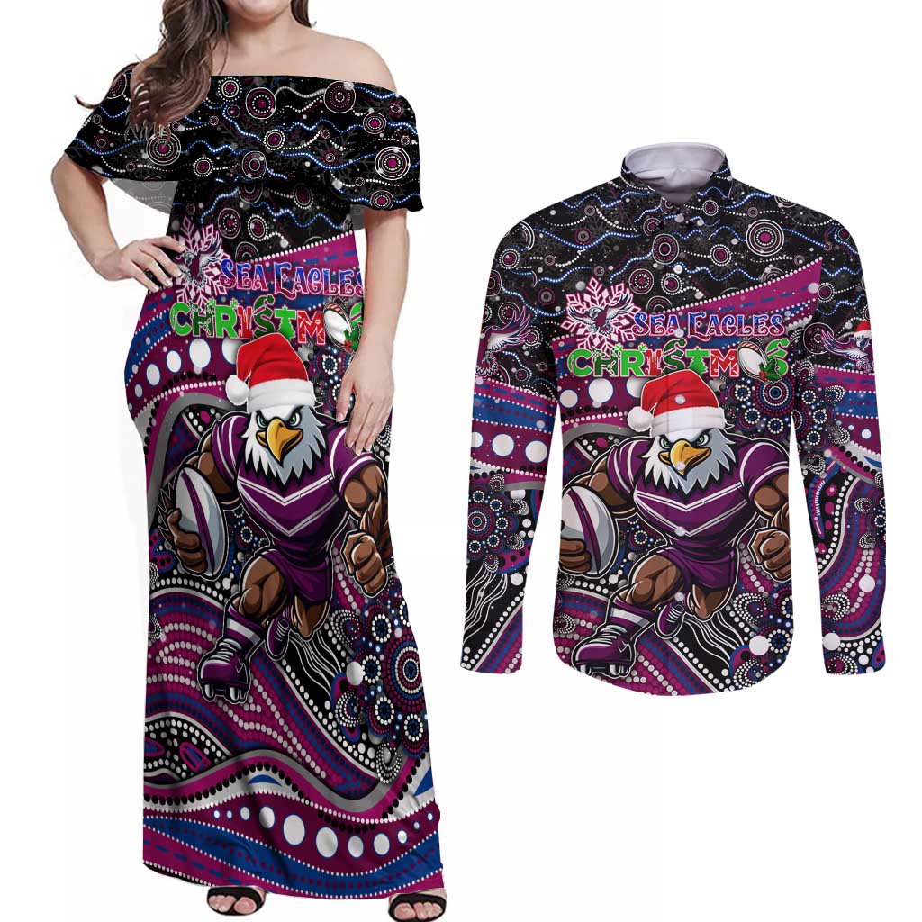 Merry Christmas Manly Warringah Sea Eagles Couples Matching Off Shoulder Maxi Dress and Long Sleeve Button Shirt Aboriginal Santa Rugby Mascot - Silvertails