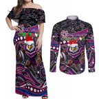 Merry Christmas Manly Warringah Sea Eagles Couples Matching Off Shoulder Maxi Dress and Long Sleeve Button Shirt Aboriginal Santa Rugby Mascot - Silvertails