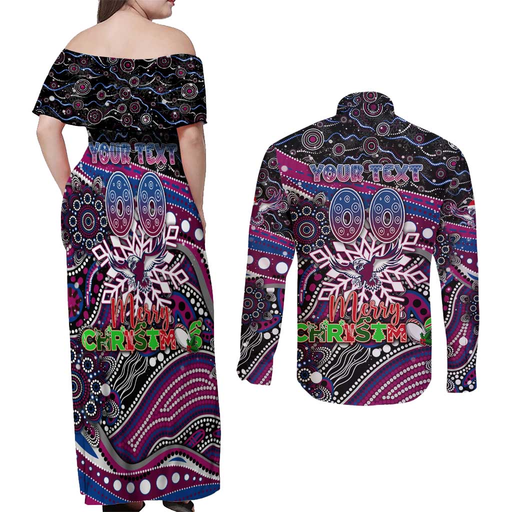 Merry Christmas Manly Warringah Sea Eagles Couples Matching Off Shoulder Maxi Dress and Long Sleeve Button Shirt Aboriginal Santa Rugby Mascot - Silvertails