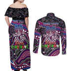 Merry Christmas Manly Warringah Sea Eagles Couples Matching Off Shoulder Maxi Dress and Long Sleeve Button Shirt Aboriginal Santa Rugby Mascot - Silvertails