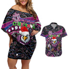 Merry Christmas Manly Warringah Sea Eagles Couples Matching Off Shoulder Short Dress and Hawaiian Shirt Aboriginal Santa Rugby Mascot - Silvertails