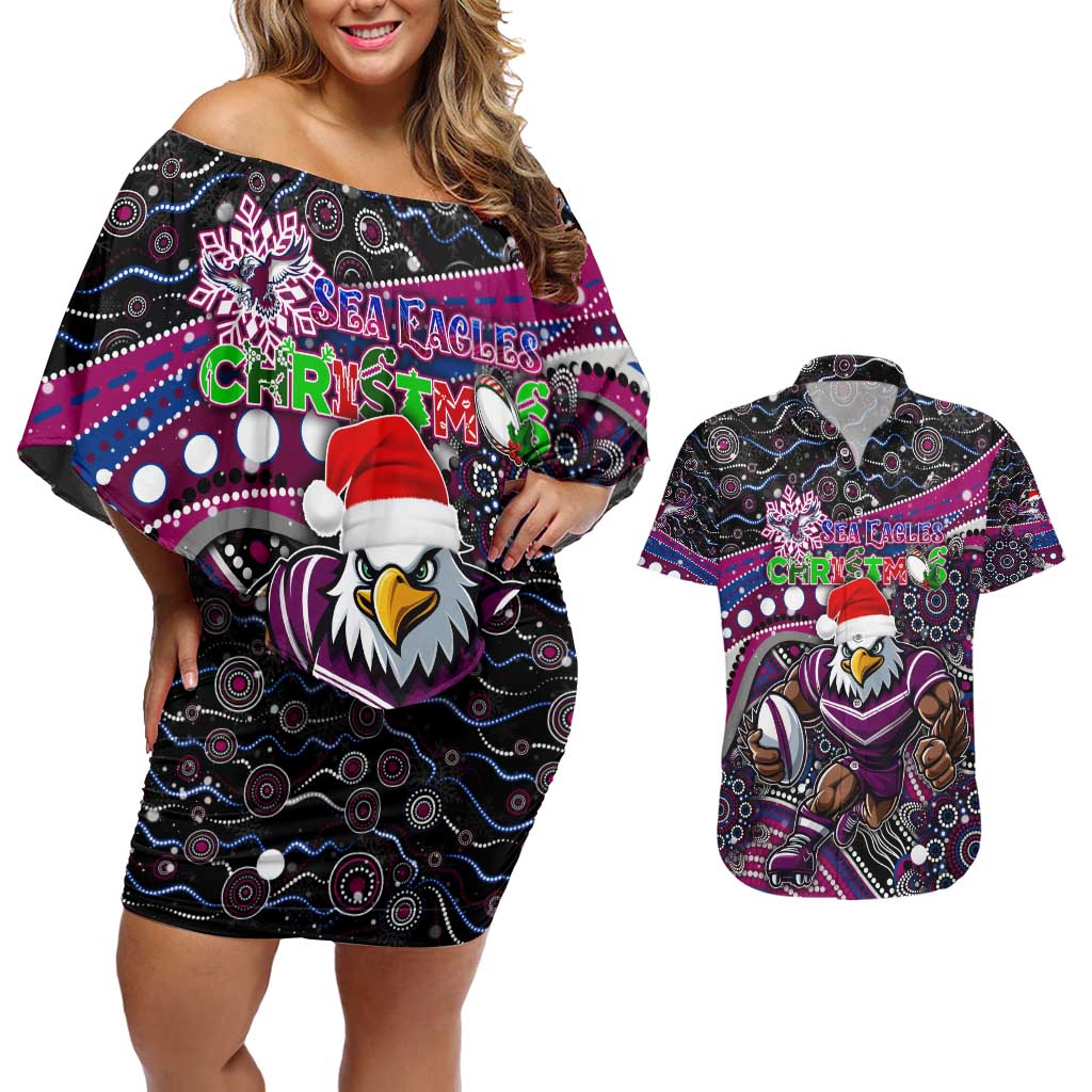 Merry Christmas Manly Warringah Sea Eagles Couples Matching Off Shoulder Short Dress and Hawaiian Shirt Aboriginal Santa Rugby Mascot - Silvertails