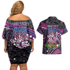 Merry Christmas Manly Warringah Sea Eagles Couples Matching Off Shoulder Short Dress and Hawaiian Shirt Aboriginal Santa Rugby Mascot - Silvertails
