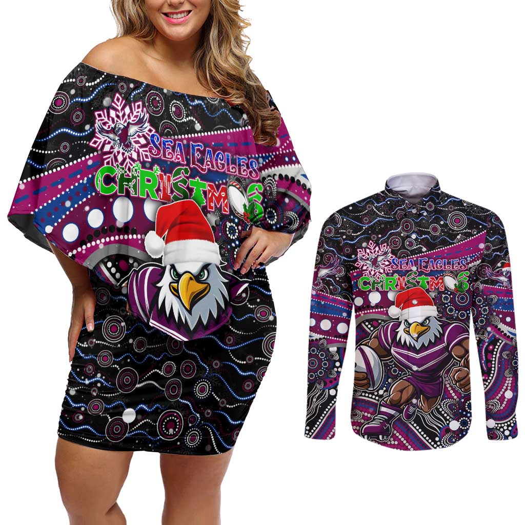 Merry Christmas Manly Warringah Sea Eagles Couples Matching Off Shoulder Short Dress and Long Sleeve Button Shirt Aboriginal Santa Rugby Mascot - Silvertails