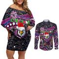 Merry Christmas Manly Warringah Sea Eagles Couples Matching Off Shoulder Short Dress and Long Sleeve Button Shirt Aboriginal Santa Rugby Mascot - Silvertails
