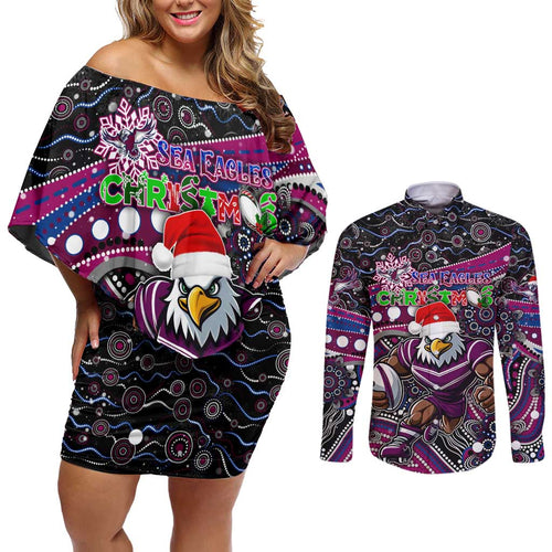 Merry Christmas Manly Warringah Sea Eagles Couples Matching Off Shoulder Short Dress and Long Sleeve Button Shirt Aboriginal Santa Rugby Mascot - Silvertails