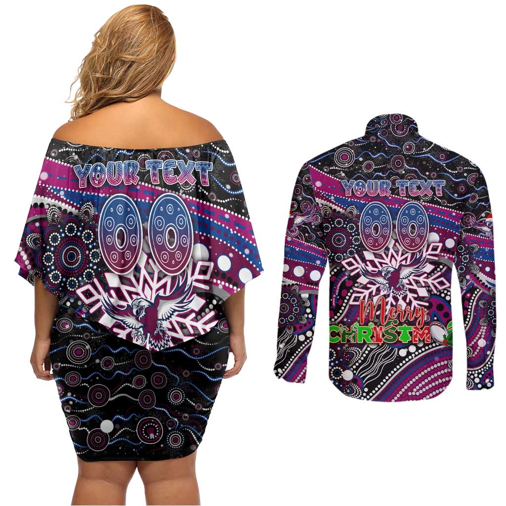 Merry Christmas Manly Warringah Sea Eagles Couples Matching Off Shoulder Short Dress and Long Sleeve Button Shirt Aboriginal Santa Rugby Mascot - Silvertails