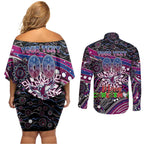 Merry Christmas Manly Warringah Sea Eagles Couples Matching Off Shoulder Short Dress and Long Sleeve Button Shirt Aboriginal Santa Rugby Mascot - Silvertails