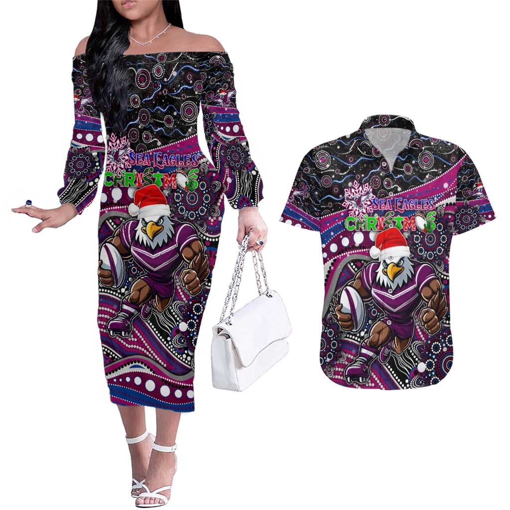Merry Christmas Manly Warringah Sea Eagles Couples Matching Off The Shoulder Long Sleeve Dress and Hawaiian Shirt Aboriginal Santa Rugby Mascot - Silvertails