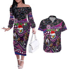 Merry Christmas Manly Warringah Sea Eagles Couples Matching Off The Shoulder Long Sleeve Dress and Hawaiian Shirt Aboriginal Santa Rugby Mascot - Silvertails