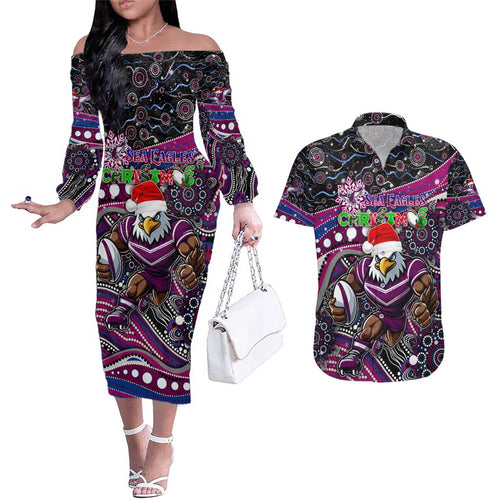 Merry Christmas Manly Warringah Sea Eagles Couples Matching Off The Shoulder Long Sleeve Dress and Hawaiian Shirt Aboriginal Santa Rugby Mascot - Silvertails
