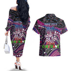 Merry Christmas Manly Warringah Sea Eagles Couples Matching Off The Shoulder Long Sleeve Dress and Hawaiian Shirt Aboriginal Santa Rugby Mascot - Silvertails