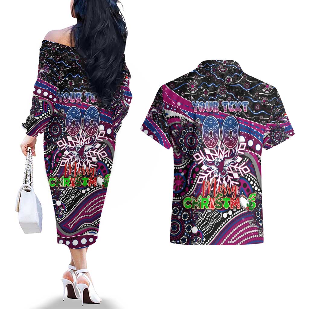 Merry Christmas Manly Warringah Sea Eagles Couples Matching Off The Shoulder Long Sleeve Dress and Hawaiian Shirt Aboriginal Santa Rugby Mascot - Silvertails