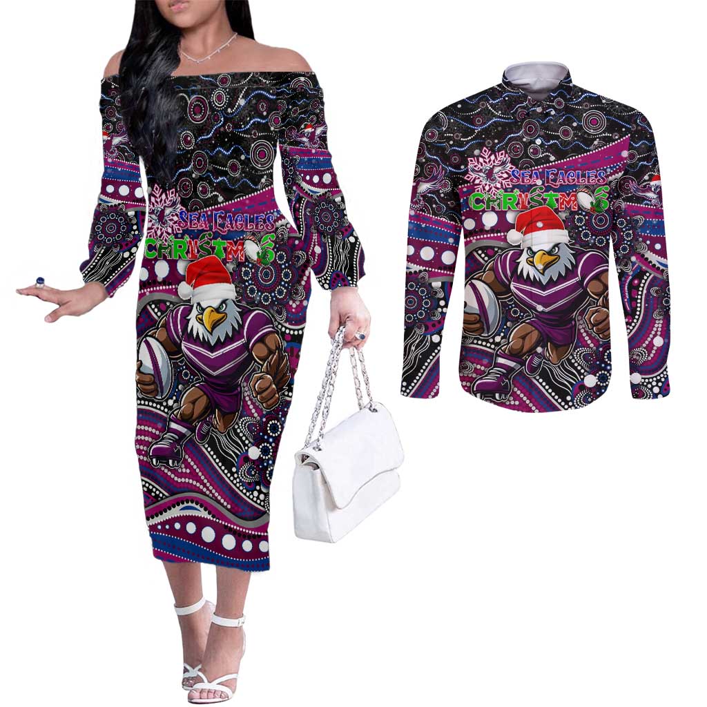 Merry Christmas Manly Warringah Sea Eagles Couples Matching Off The Shoulder Long Sleeve Dress and Long Sleeve Button Shirt Aboriginal Santa Rugby Mascot - Silvertails