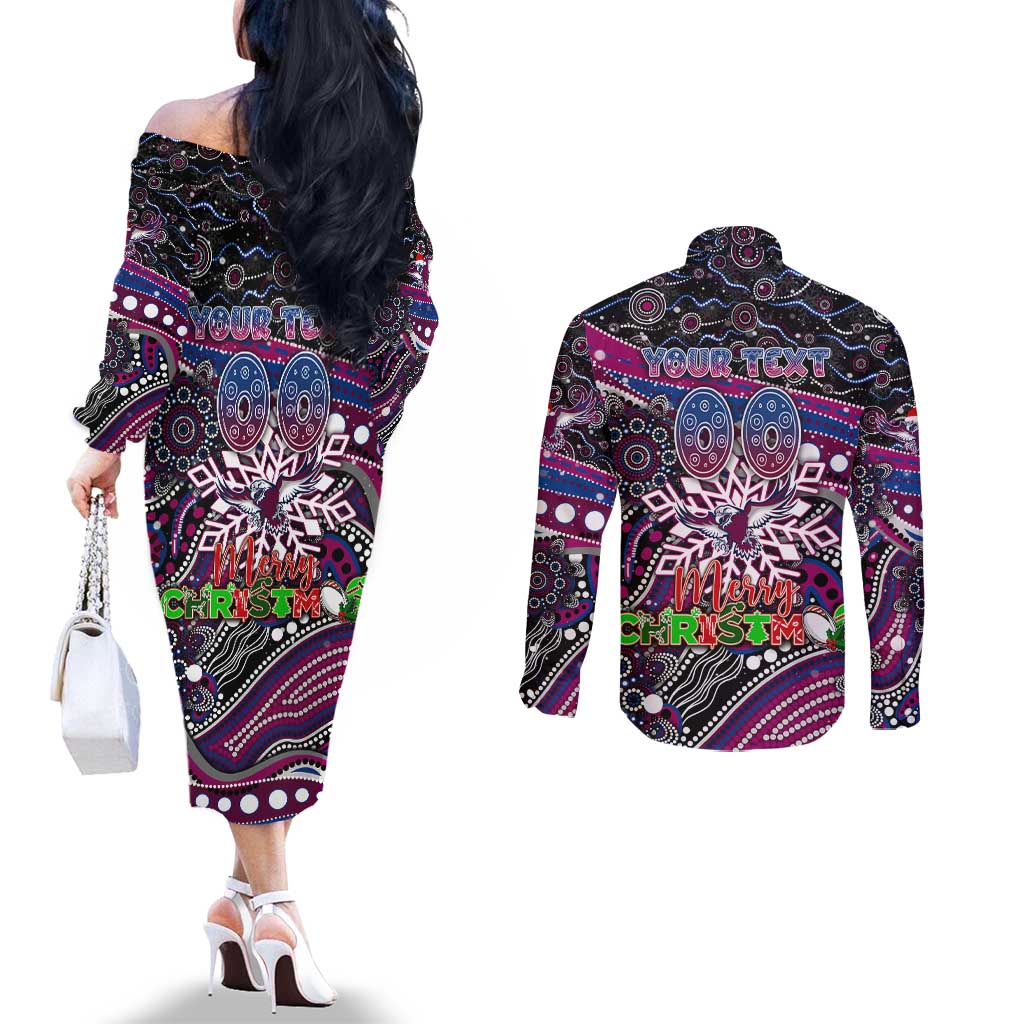 Merry Christmas Manly Warringah Sea Eagles Couples Matching Off The Shoulder Long Sleeve Dress and Long Sleeve Button Shirt Aboriginal Santa Rugby Mascot - Silvertails