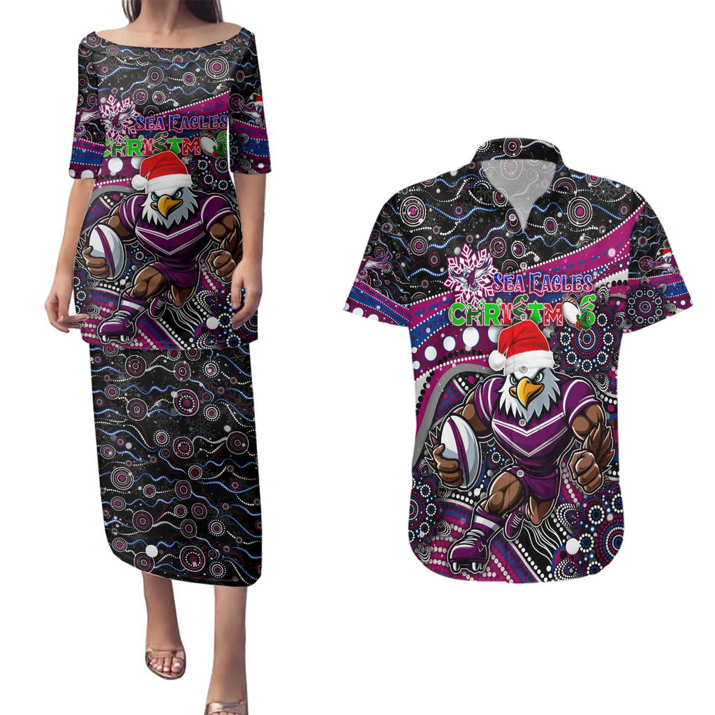 Merry Christmas Manly Warringah Sea Eagles Couples Matching Puletasi and Hawaiian Shirt Aboriginal Santa Rugby Mascot - Silvertails
